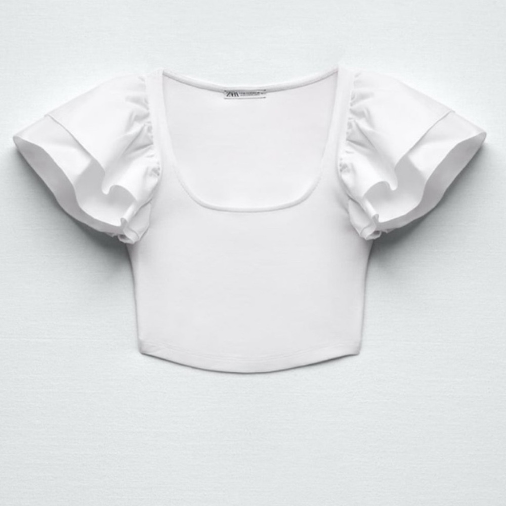 ZARA RUFFLED SLEEVE RIB CROP TANK